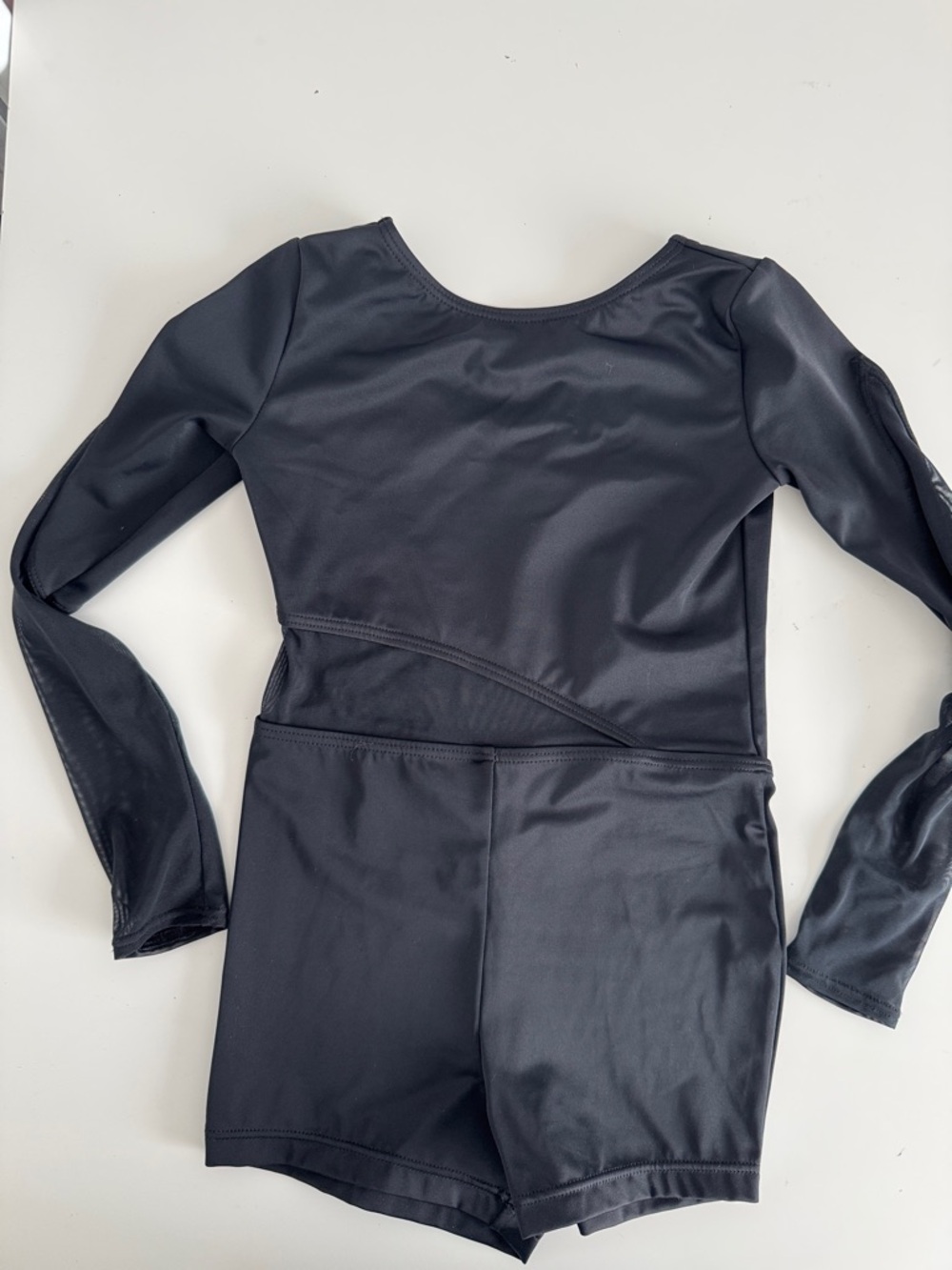 Balera Black Long Sleeve biketard. Sheer cutout on waist & sleeves. Size Med